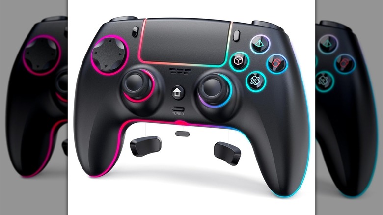 A AFMVV Wireless Controller for PS5 with its rear buttons highlighted.