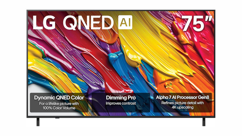The LG QNED82A smart TV is pictured against a white background.
