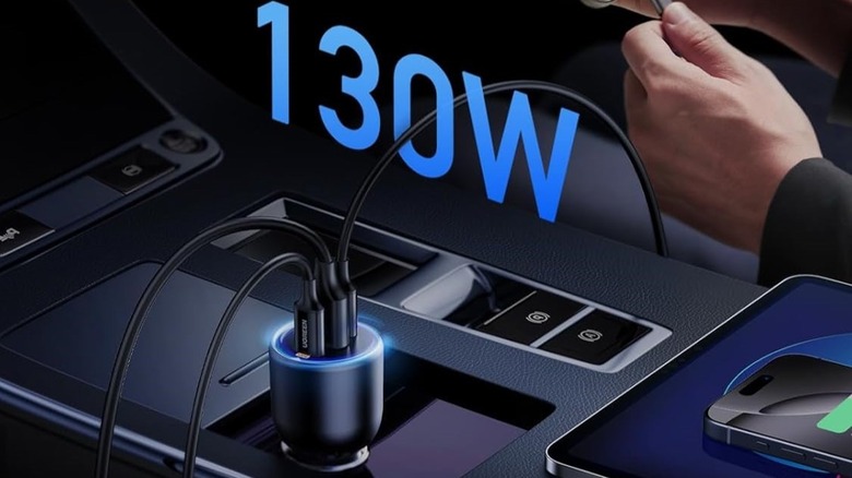 Ugreen 130W car adapter with USB C and USB A for phones.