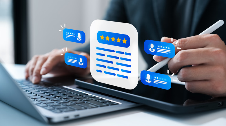 Conceptual image of someone reading through high user reviews and ratings online.