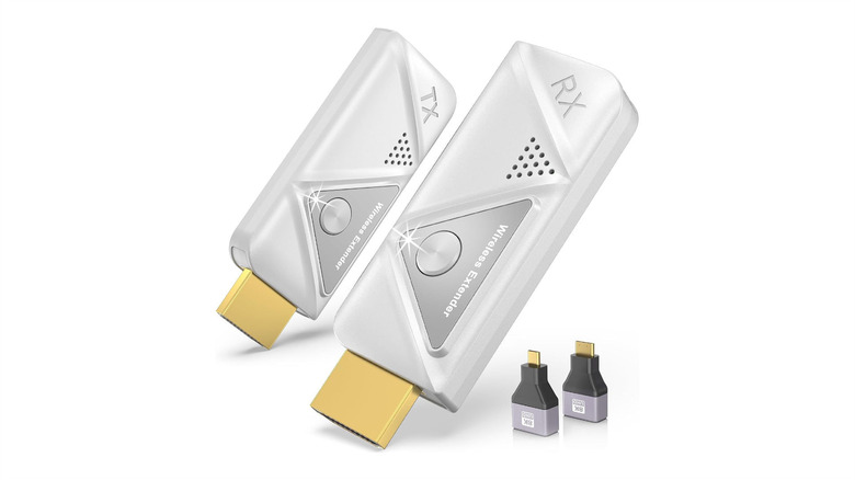 The Evatek wireless HDMI transmitter and receiver against a white background