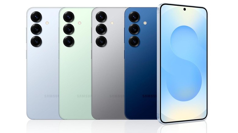 Samsung Galaxy S25 lineup shown in multiple colors with rear cameras visible.