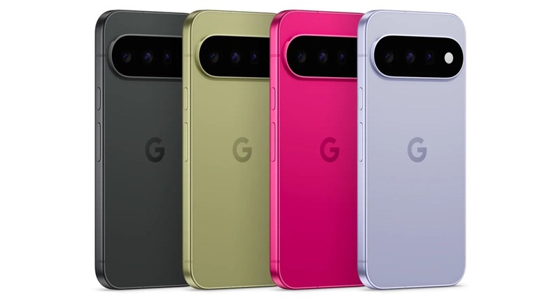 Google Pixel 11 lineup shown in four colors with the rear camera bars visible.