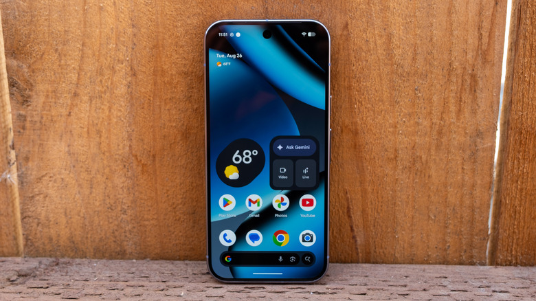 The Pixel 10 Pro with the display turned on, standong in a fence.