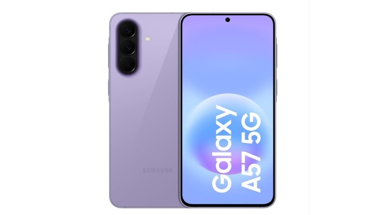 Samsung Galaxy A57 shown from the front and back in lavender color.