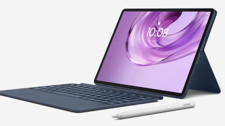 Mockup of the Lenovo Yoga Tab with a keyboard and stylus
