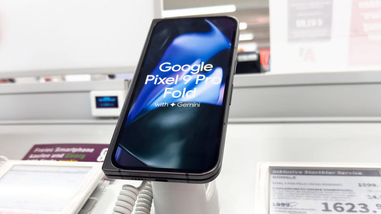 The Google Pixel 9 Pro Fold on a display mount