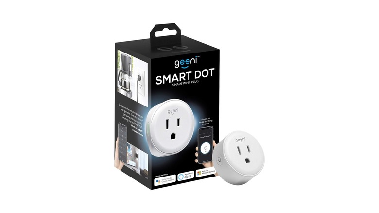 Close-up of box for Geeni Smart Dot plug on white background