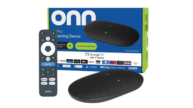 Walmart Onn streaming device with remote and retail box shown on a white background.