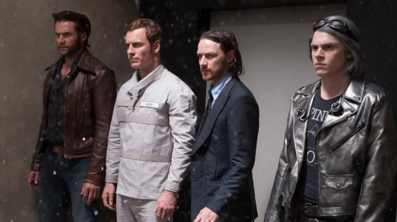Wolverine (Hugh Jackman), Magneto (Michael Fassbender), Charles Xavier (James McAvoy) and Quicksilver (Evan Peters) in X-Men: Days of Future Past