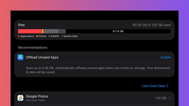 iPad Storage menu showing recommendations