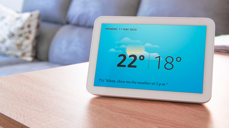 An Amazon Echo Show 8 showing the weather.