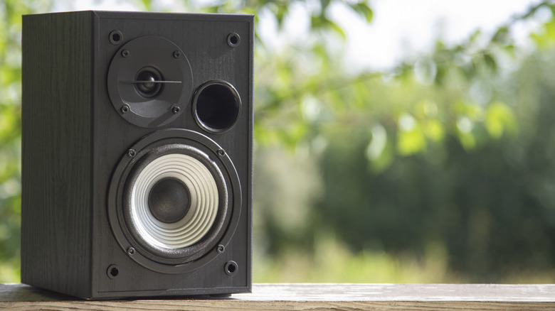 A speaker on a ledge outdoor, greenery behind it.