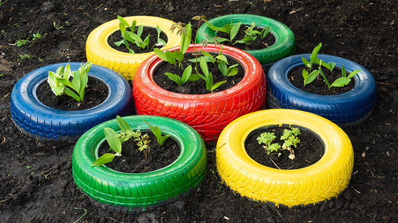 Multi-colored tire planters created with recycled car tires.