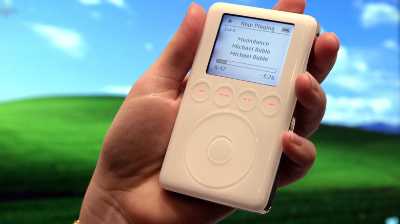 A classic iPod with a Windows background