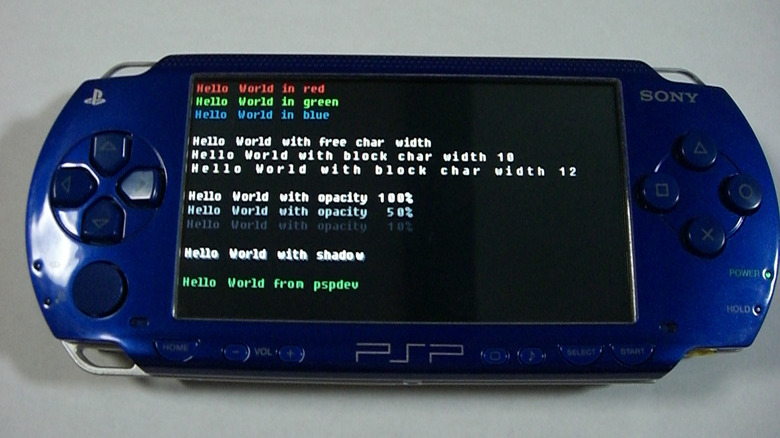 PSP running Hello World text on screen showcasing the ability to run unsigned code