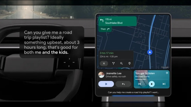 A promotional photo of Android Auto on a vehicle's infotainment screen as it displays navigation and music controls, a message next to the screen is asking about music playlists