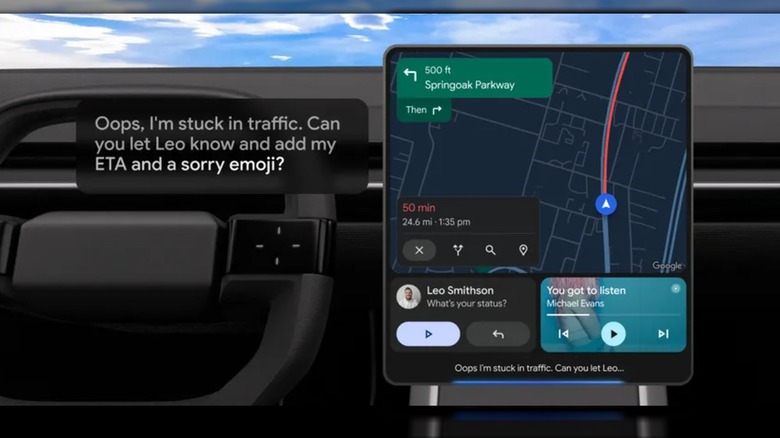 A promotional photo showing an infotainment screen that's displaying navigation and music, a text bubble next to the system is asking about traffic