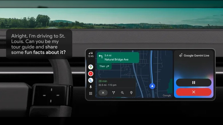 A promotional photo showing Google Gemini within the Android Auto app on a vehicle's infotainment screen, there is a text bubble next to the screen asking questions about St. Louis