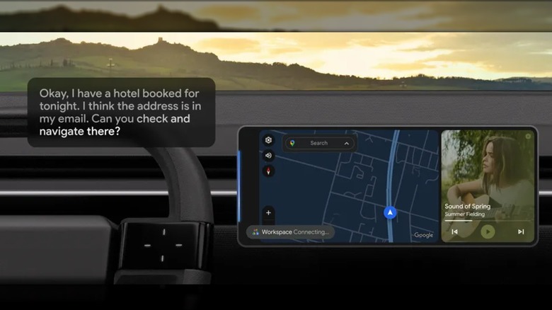 A promotional photo for Android Auto showing navigation and music on an infotainment screen, a text bubble next to the screen is asking about directions to a hotel
