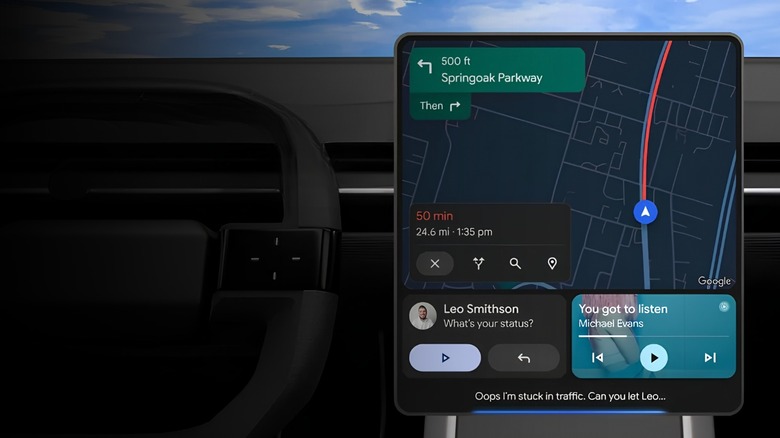 A square car screeen operating Android Auto with Gemini Live.