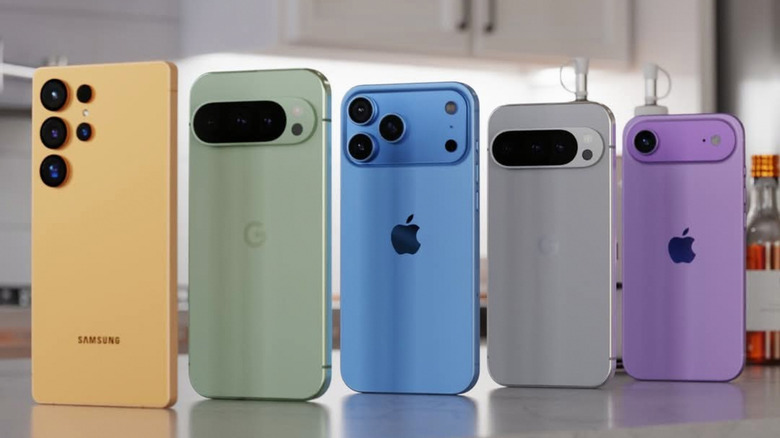 a lineup of premium phones standing up from Apple and Android