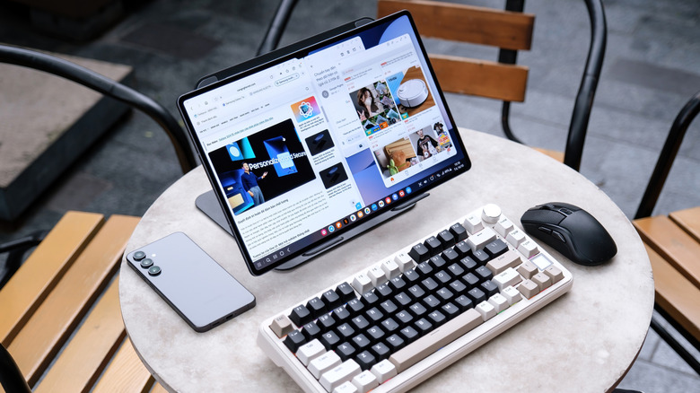 A powerful Samsung tablet set up with accessories on a table