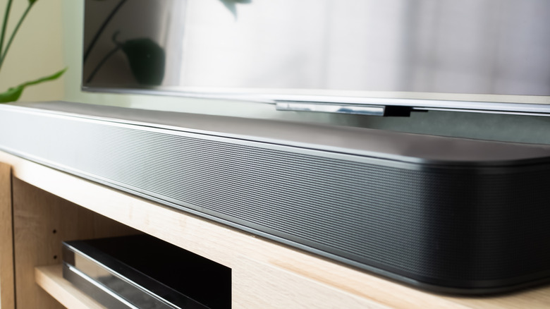close-up of a soundbar placed on a table