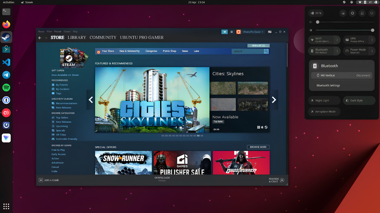 Unbuntu  desktop screenshot showing the taskbar, dropdown menu and Steam