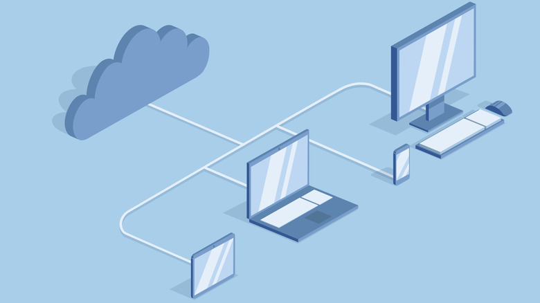 An illustrated graphic showing a cloud storage connected to various different devices
