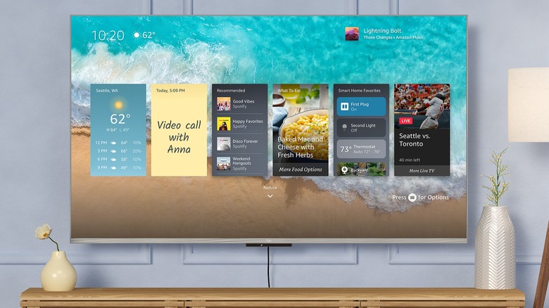 An Amazon Fire TV displaying a variety of information in a widget-like format, including news, recipes, notes, and weather information