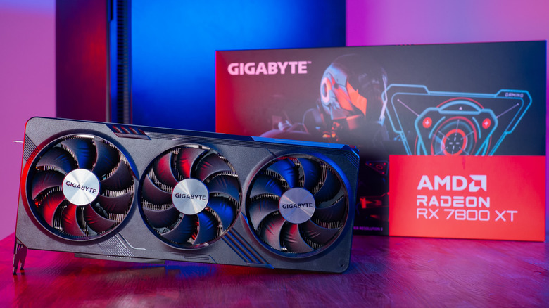GIGABYTE AMD Radeon RX 7800 XT graphics card shown in front of its retail box
