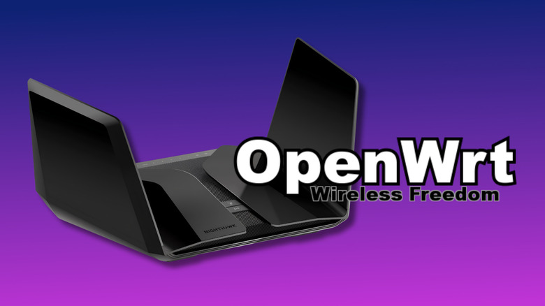 Netgear Nighthawk 12-Stream Wi-Fi 6E Router (RAXE500) with the OpenWrt logo on a purple gradient background