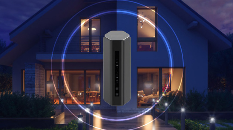 Netgear Nighthawk Dual-Band WiFi 7 Router (RS200) illustrating a wide Wi-Fi signal