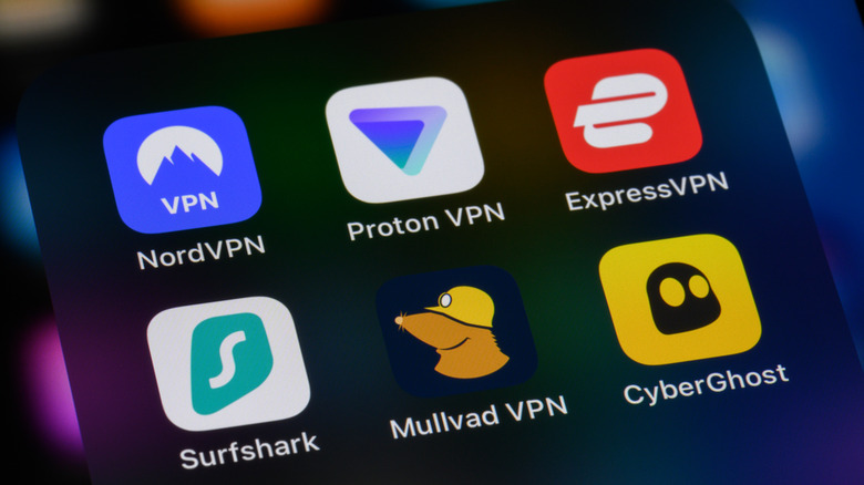NordVPN, Proton VPN, ExpressVPN, Surfshark, Mullvad VPN, and CyberGhost apps on a smartphone