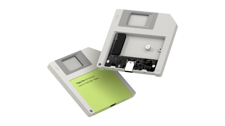 The Hagibis floppy disk SSD enclosure against a white background