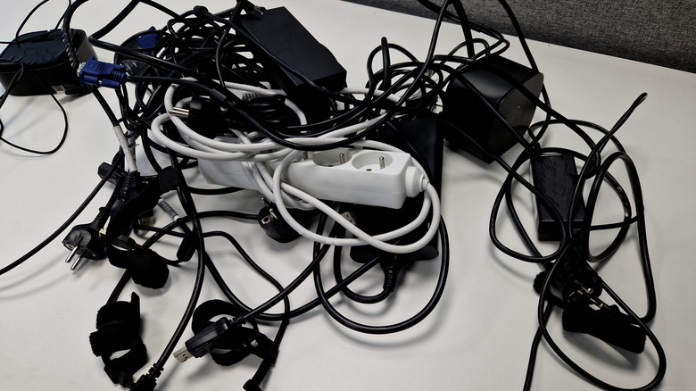 Messy, disorganized power cables.
