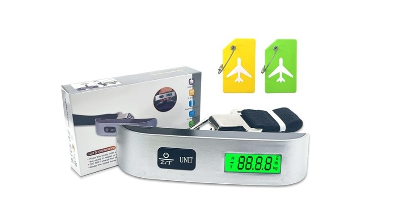 Ferbana digital luggage scale with LCD display, adjustable strap, and airline luggage tags