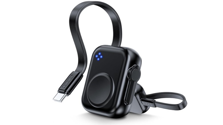 HUOTO portable Apple Watch charger with USB-C cable and LED battery indicators