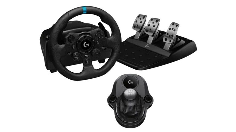 A Costco promotional photo for the Logitech G Driving Force Racing Simulator Bundle, showcasing the steering wheel, shifting knob, and pedals against a white background