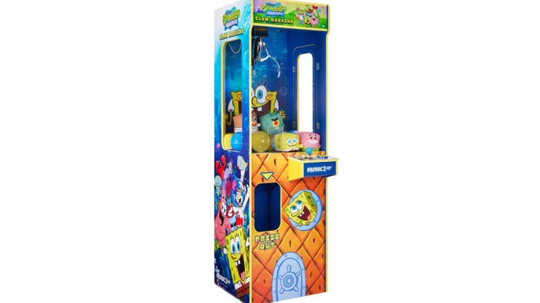 A promotional image for the Arcade1Up SpongeBob SquarePants Claw Machine, showcasing the items that can be won as well as the cartoon-character themed exterior
