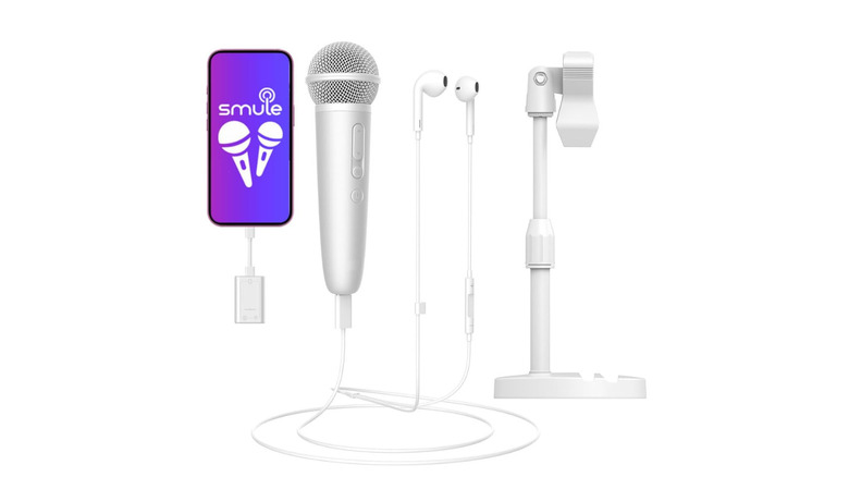 Microphone with connected Earphone & Stand and phone adapter in white