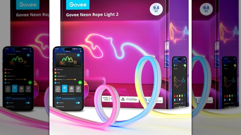 The Govee Smart Neon Rope Light and a smartphone running the Govee Home app.