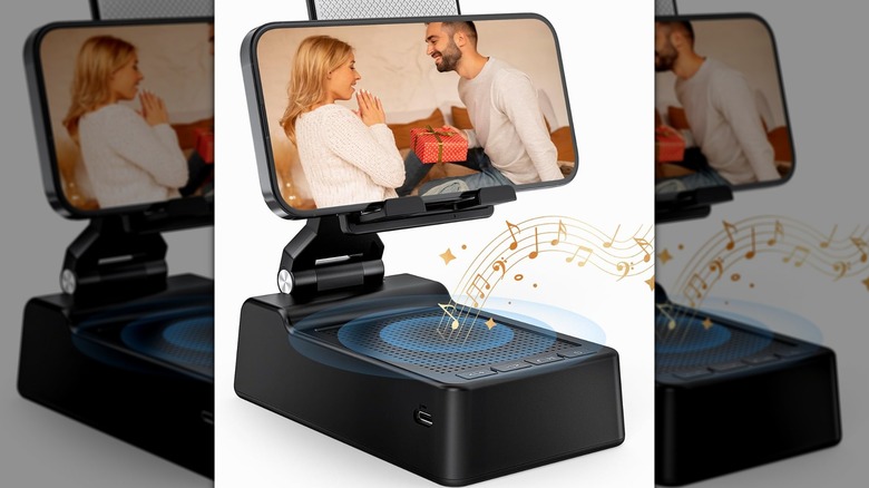 The Frontsun Phone Stand and Bluetooth Speaker playing video and audio.