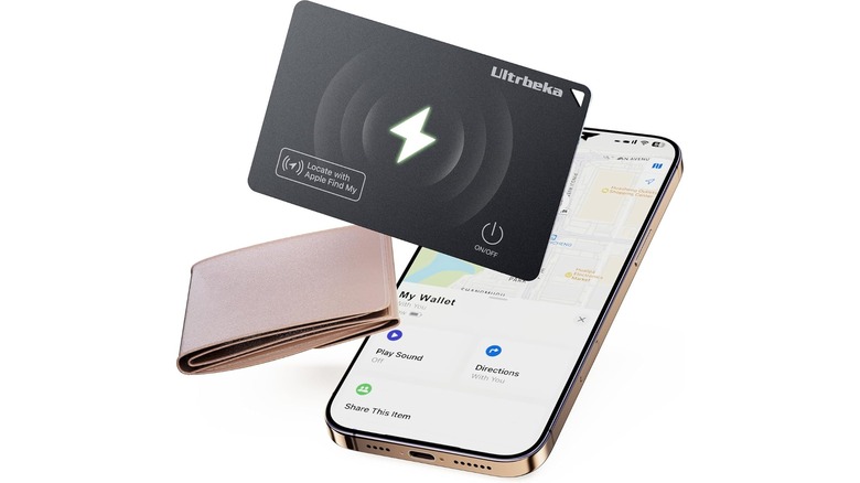 A promotional photo for the Ultrbeka Ultra-Thin Wallet Track Card, the image shows the device, a wallet, and an iPhone displaying Apple Find My with the card selected