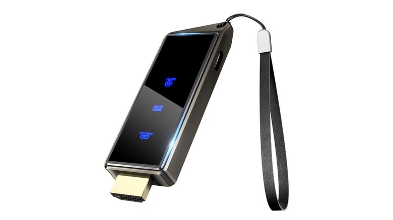 Braidol's wireless HDMI dongle, a thin plug-and-play device with a screen showing blue labels