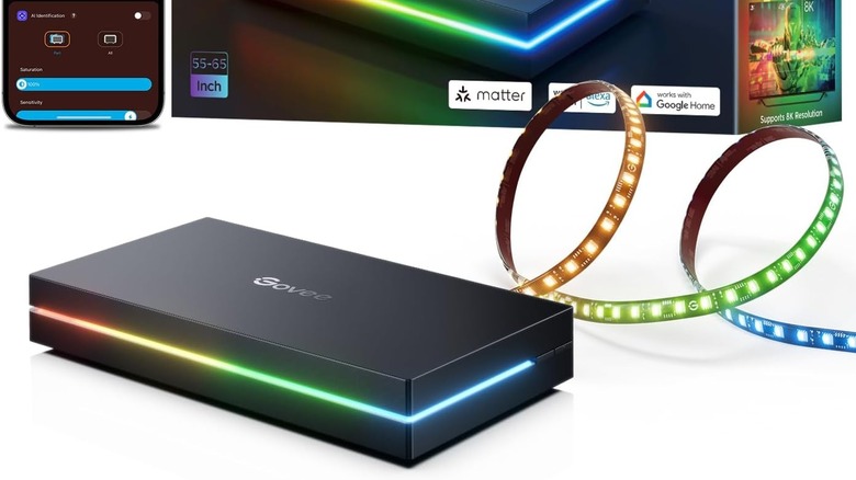 Govee's HDMI 2.1 Sync Box, a thin rectangular box with a strip of RGB lighting and physical strip of lit-up LEDs behind it