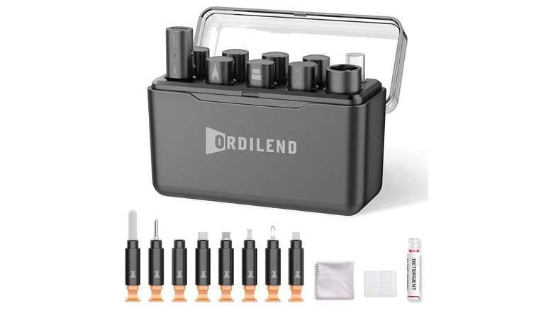 An Amazon promotional image for the Ordilend iPhone Cleaning Kit, the photo shows a cleaning agent, two cleaning cloths, several cleaning tool bits and the carrying case also containing bits