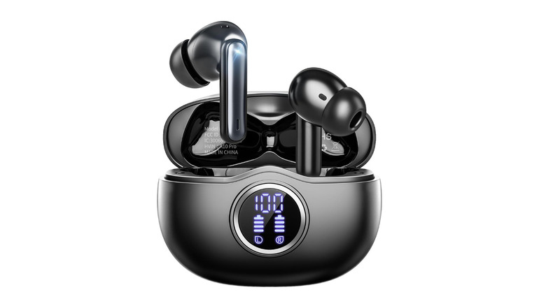 Black pair of wireless earbuds on white background