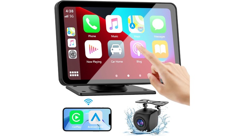 The Kiswuren Wireless CarPlay Touchscreen with Backup Camera and a smartphone displaying that the device supports Android Auto and Apple CarPlay